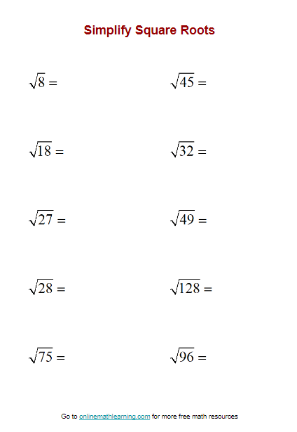 Simplify Square Root Worksheets (printable, online, answers, examples)