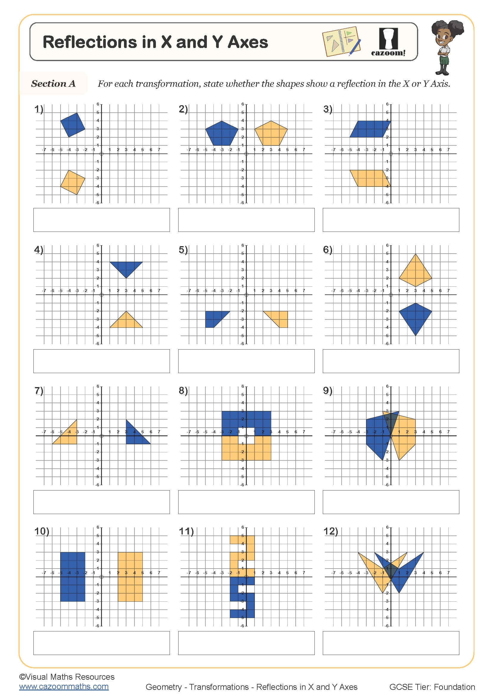 Reflections in X and Y Axes Worksheet | Cazoom Maths Worksheets