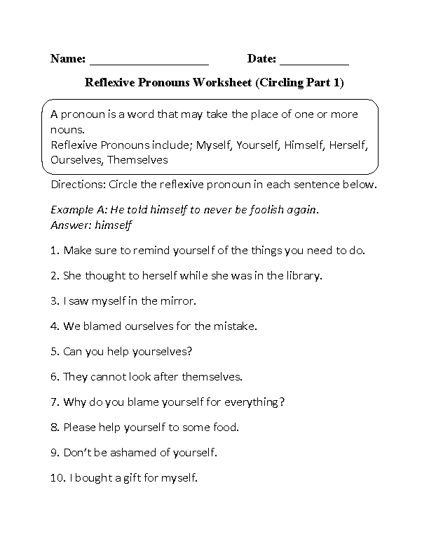 Pronouns Worksheets | Reflexive Pronouns Worksheets