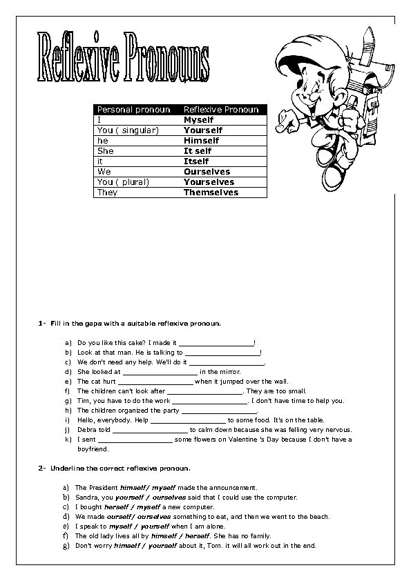 reflexive pronoun worksheet