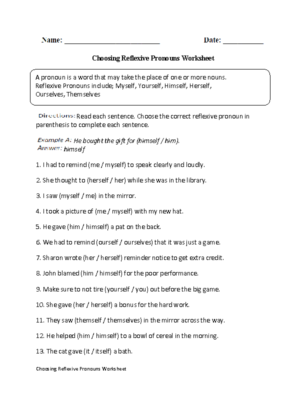 Pronouns Worksheets | Reflexive Pronouns Worksheets