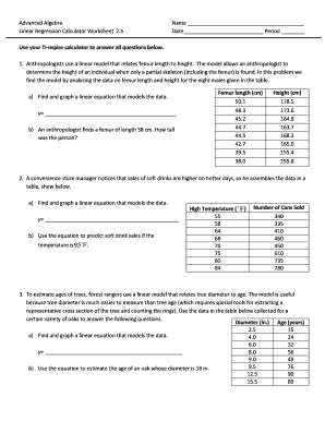 Advanced Algebra Linear Regression Calculator Worksheet 2 5 - Fill ...
