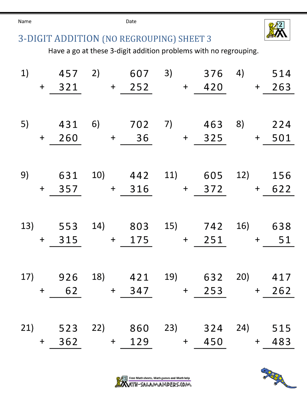 3 Digit Addition Worksheets