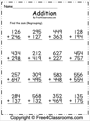 Free 3 Digit Addition with Regrouping - Free Worksheets ...