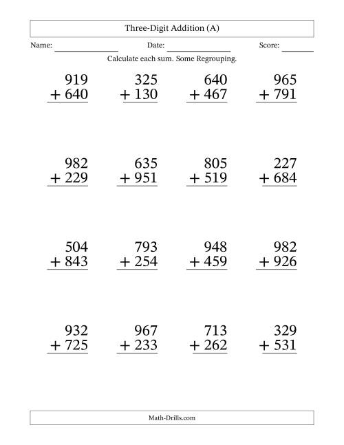 Three-Digit Addition With Some Regrouping - 16 Questions - Large ...