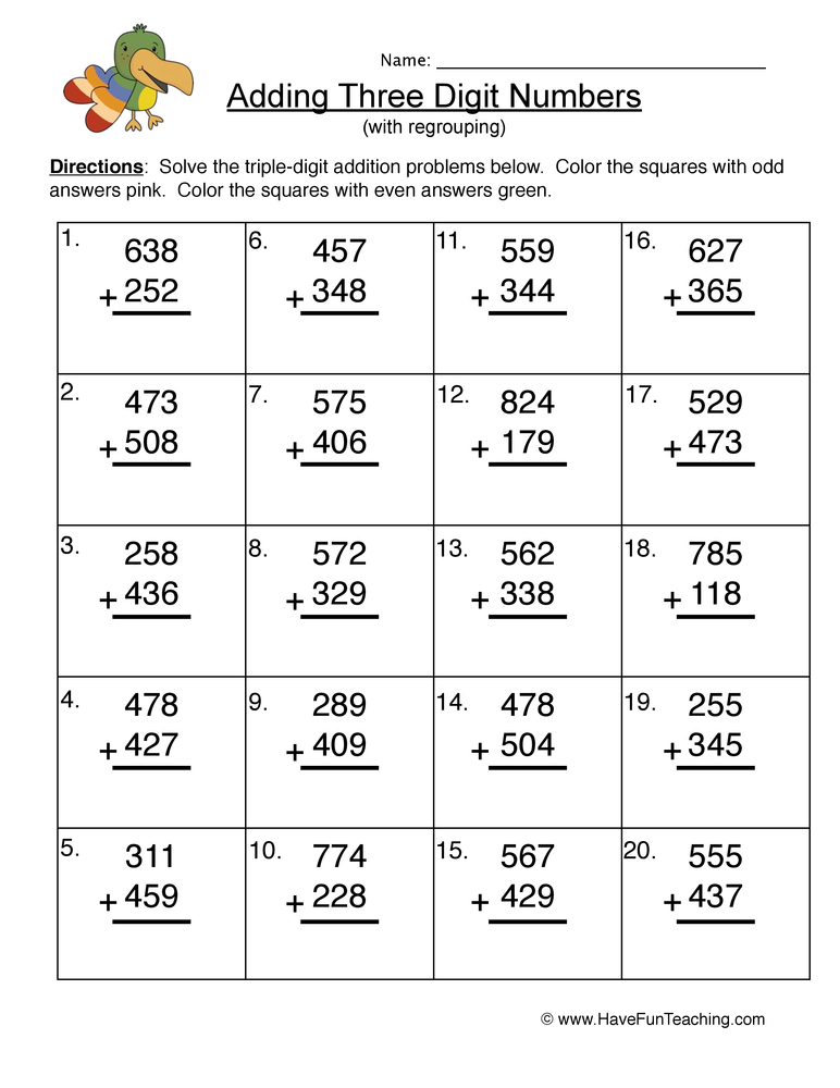 Triple Digit Addition Regroup Worksheet  
