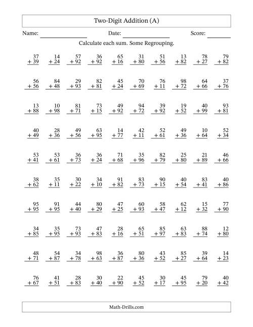 Two-Digit Addition With Some Regrouping - 100 Questions (A)
