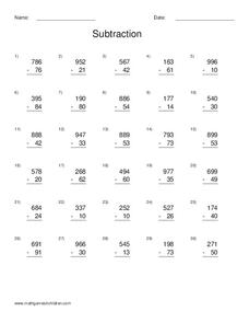 Subtraction Worksheet Worksheet for 3rd Grade | Lesson Planet