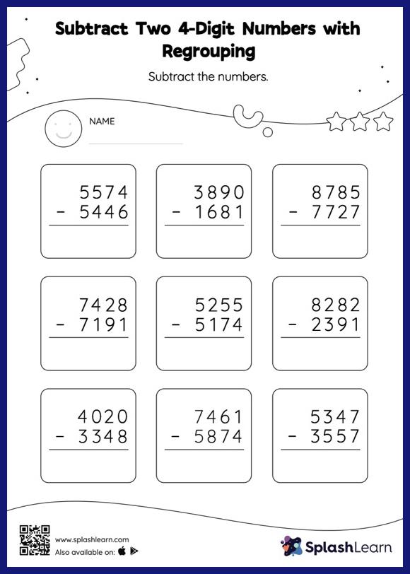 Subtract Two 4-Digit Numbers with Regrouping: Vertical Subtraction ...