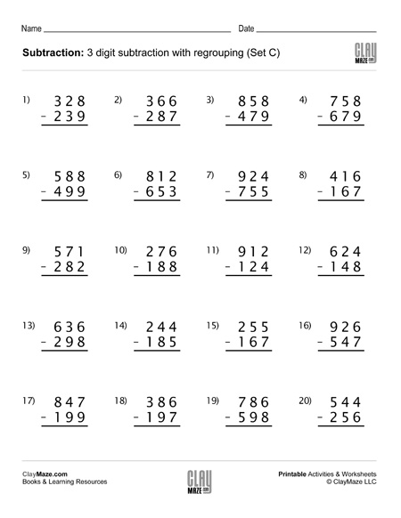 Subtraction Worksheet - 3 Digit Subtraction with Regrouping (Set C ...