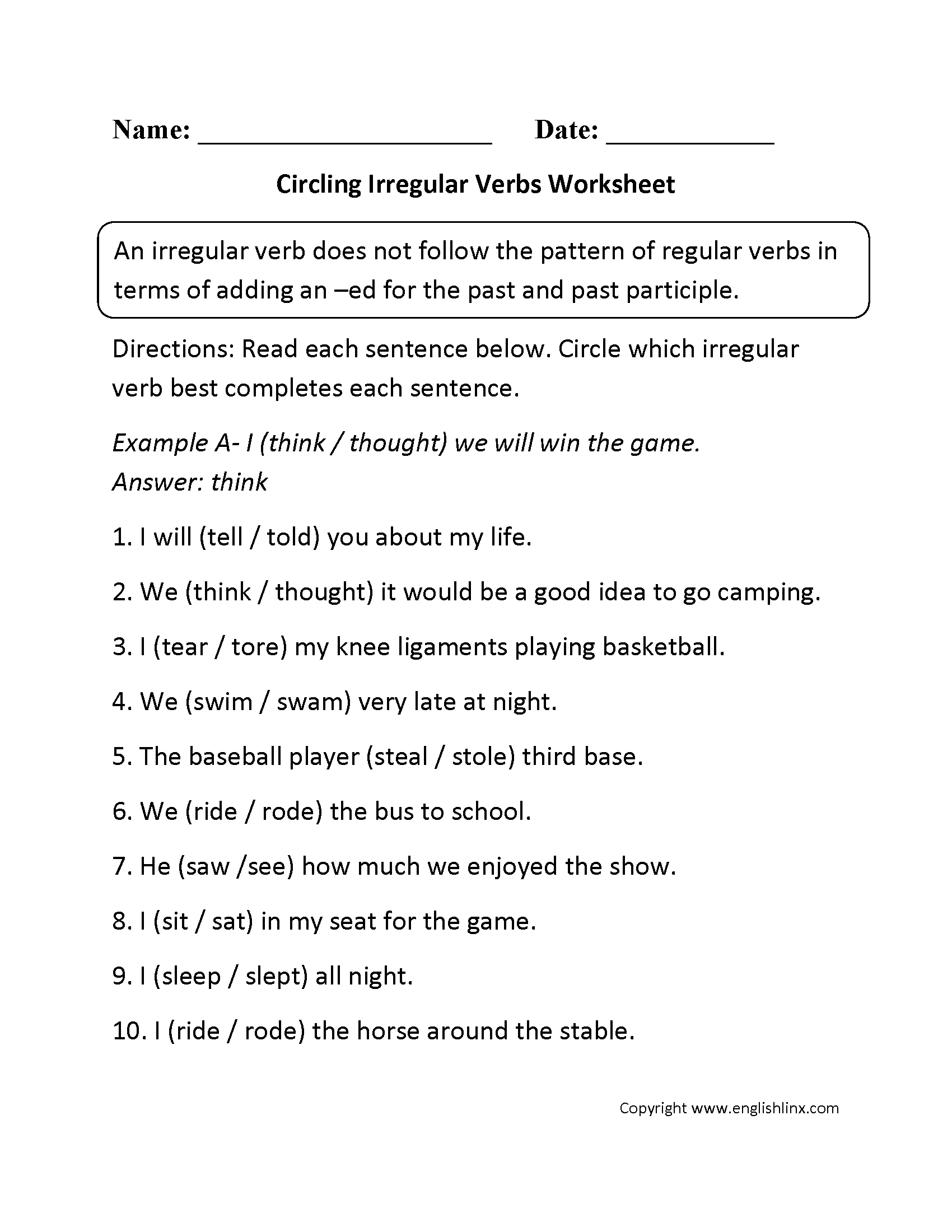 Verbs Worksheets | Irregular Verbs Worksheets