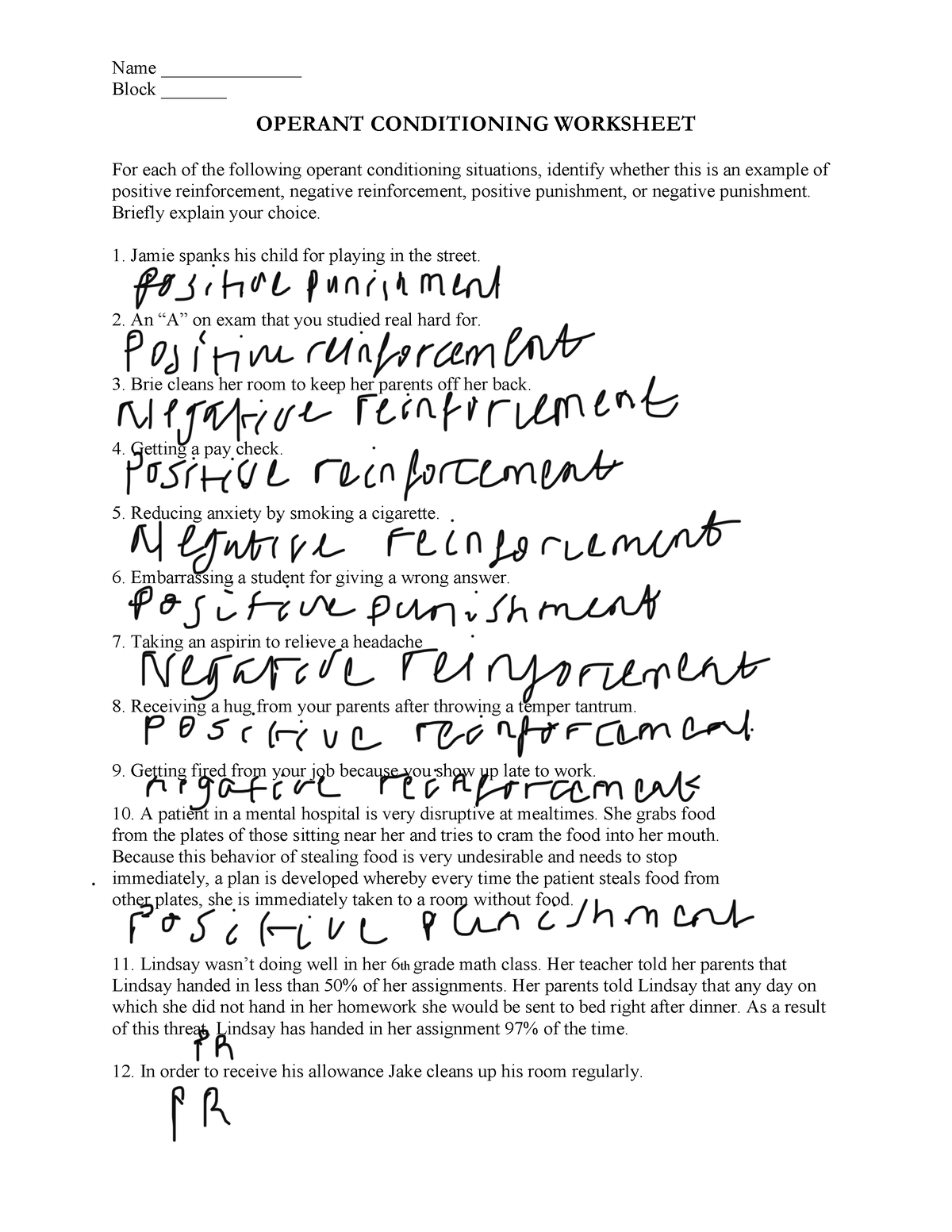 reinforcement vs punishment worksheet answers