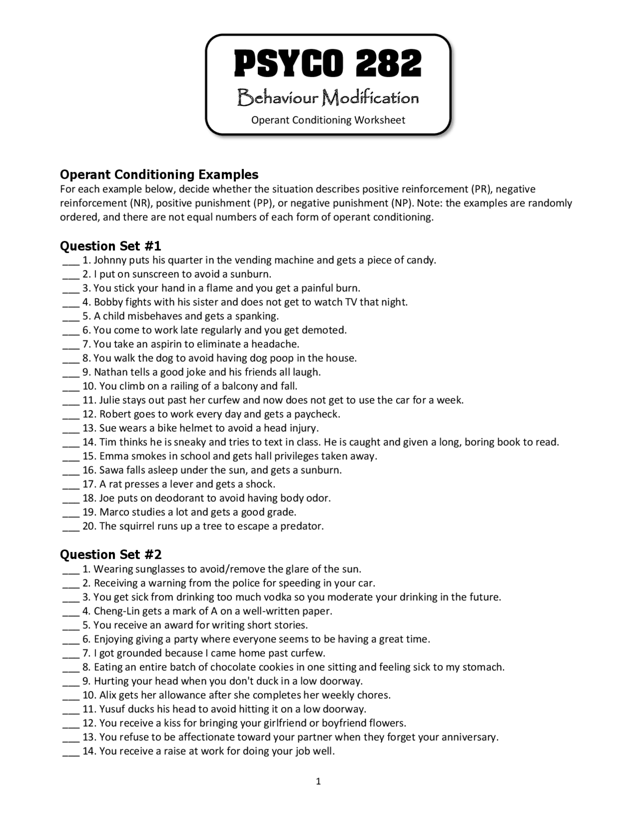 reinforcement vs punishment worksheet answers