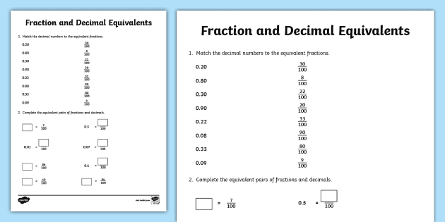 relate fractions and decimals worksheet 5th grade