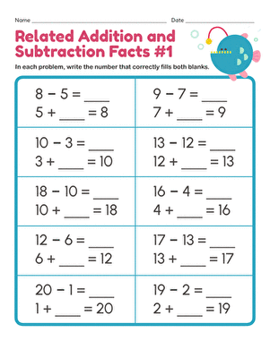 related addition and subtraction facts worksheet