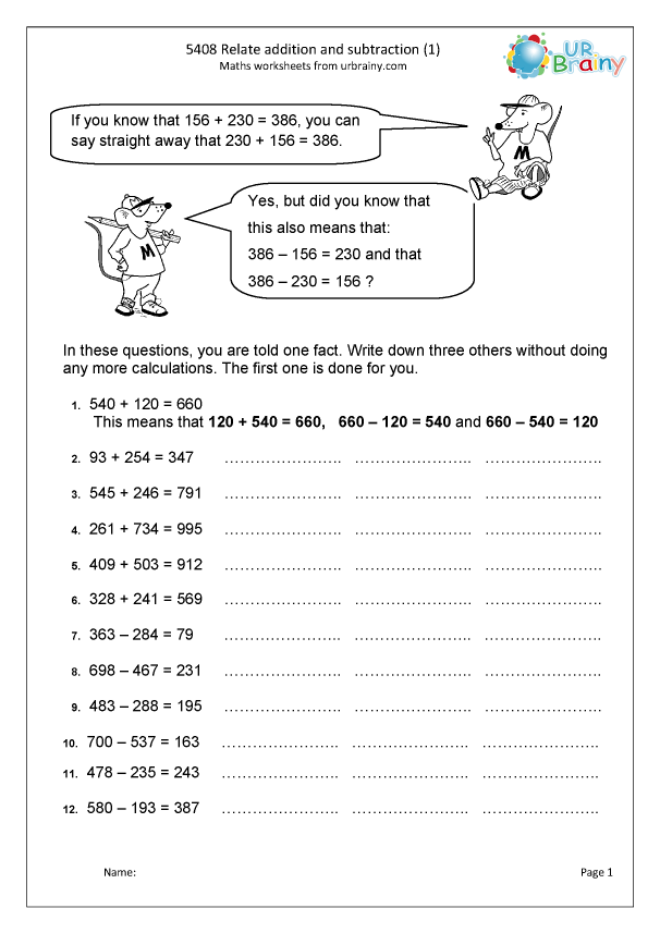 related addition and subtraction worksheet