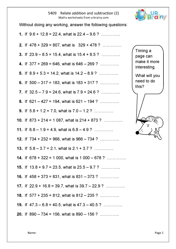 related addition and subtraction worksheet