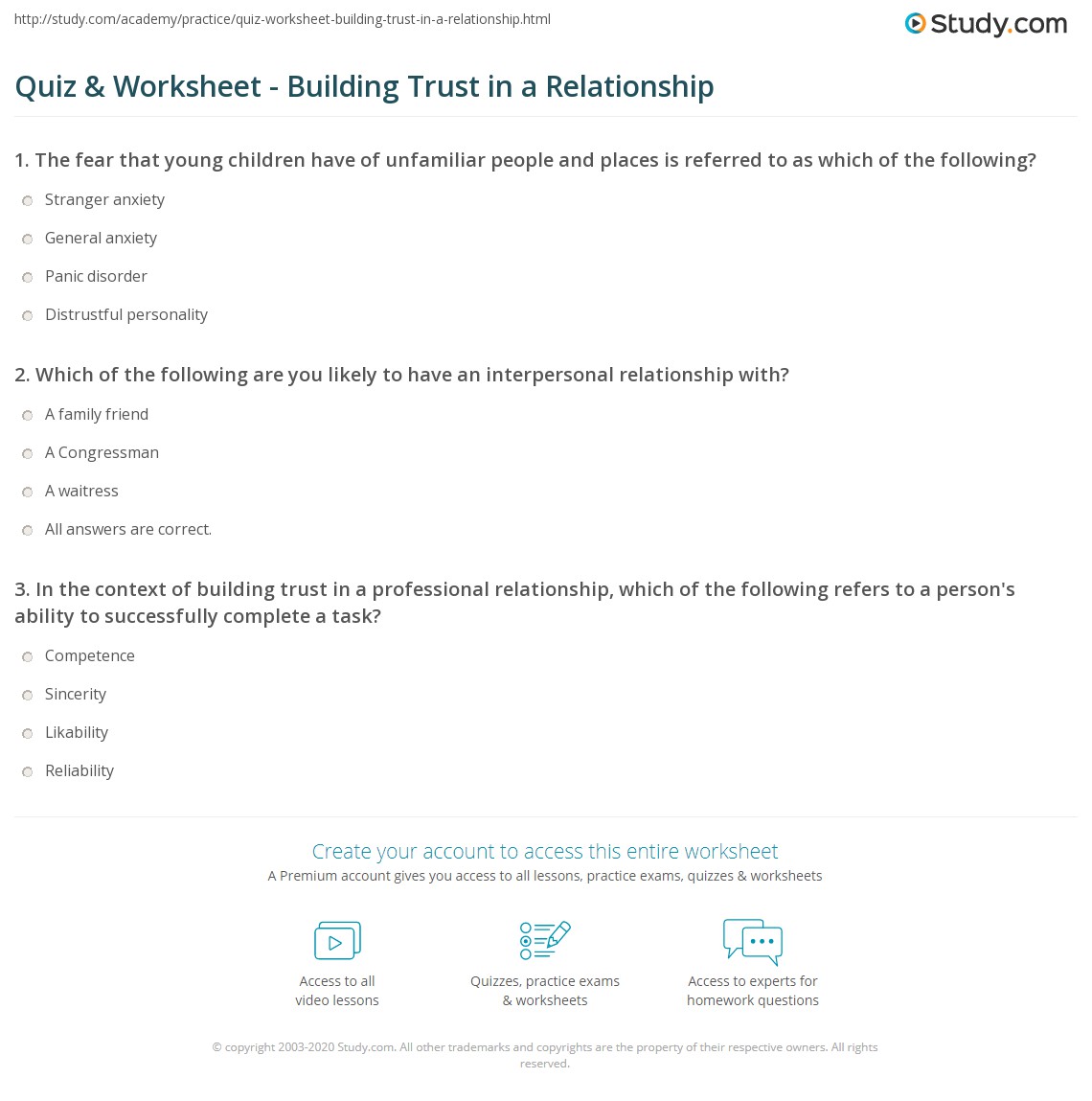 Quiz &  Worksheet - Building Trust in a Relationship | Study.com
