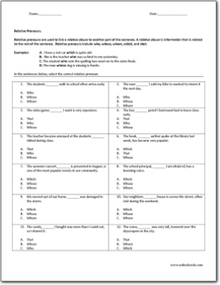 relative pronouns worksheet 4th grade