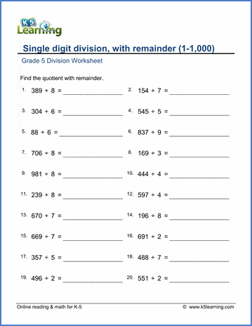 Division with remainder worksheets (1-1,000) | Worsheets library