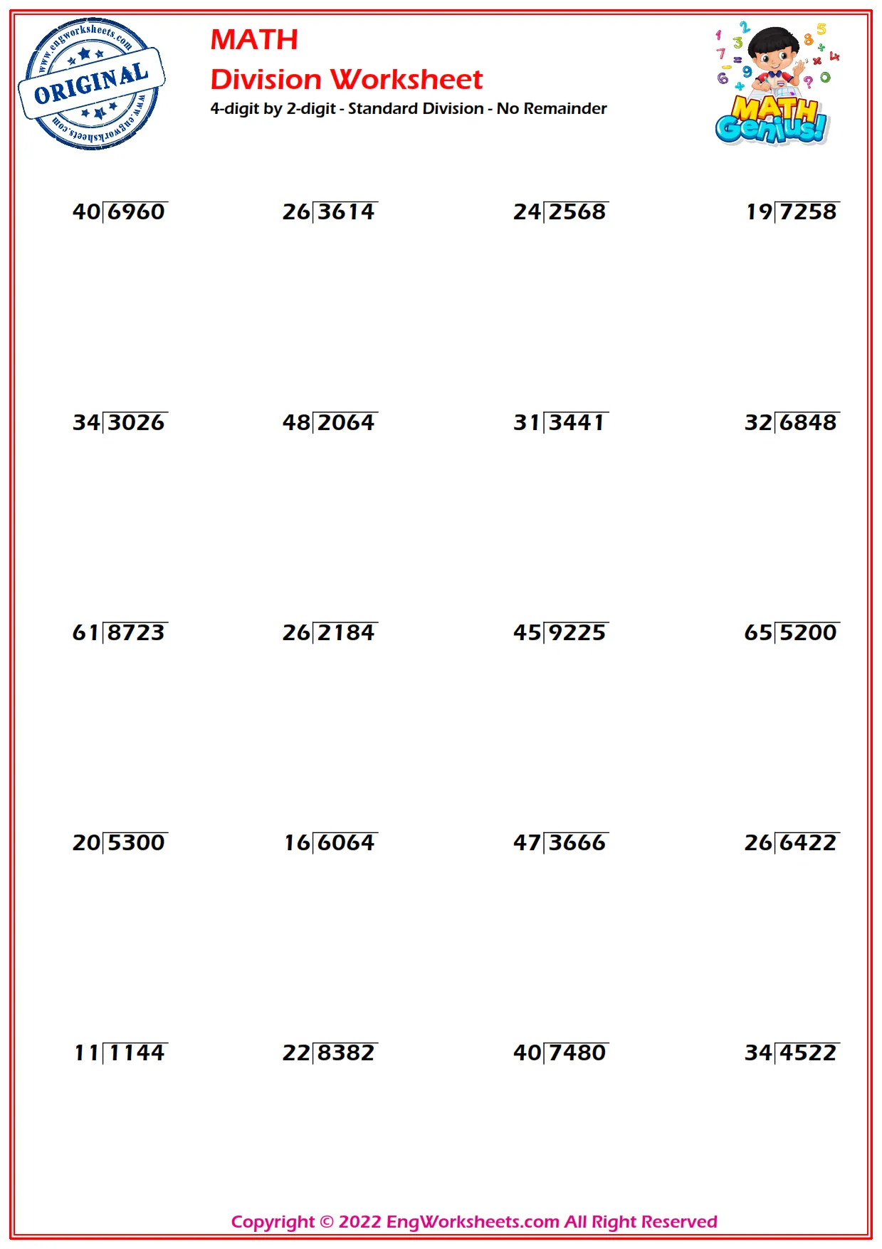 Standard Division - Without Remainder Worksheets and Exercise ...