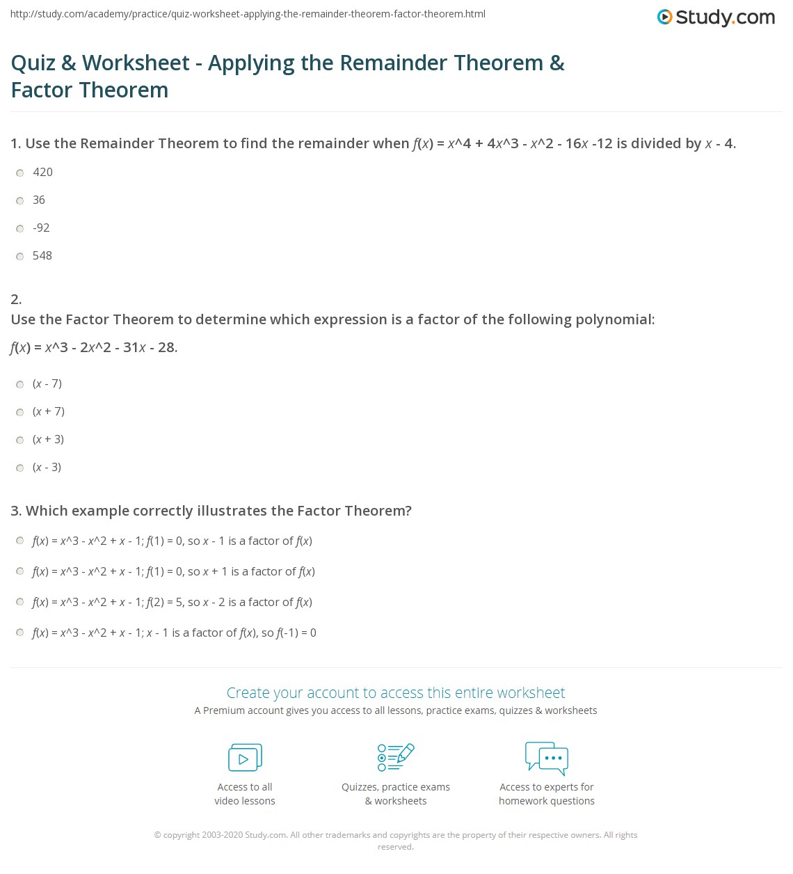 remainder theorem worksheet