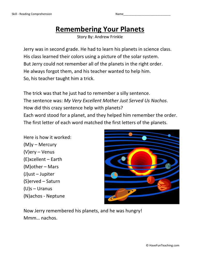 Reading Comprehension Worksheet - Remembering Your Planets