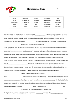 Renaissance Cloze - Cloze Test Worksheet - Quickworksheets
