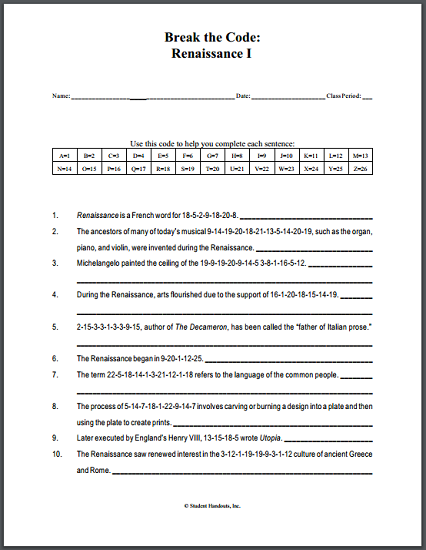 European Renaissance Code Puzzle Worksheets | Student Handouts