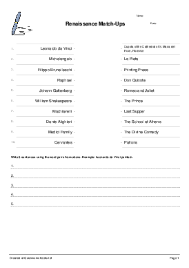 Renaissance Match-Ups - Matching Pairs Worksheet - Quickworksheets