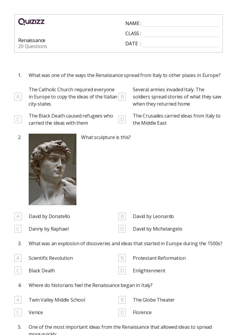 50+ renaissance worksheets for 8th Year on Quizizz | Free &  Printable