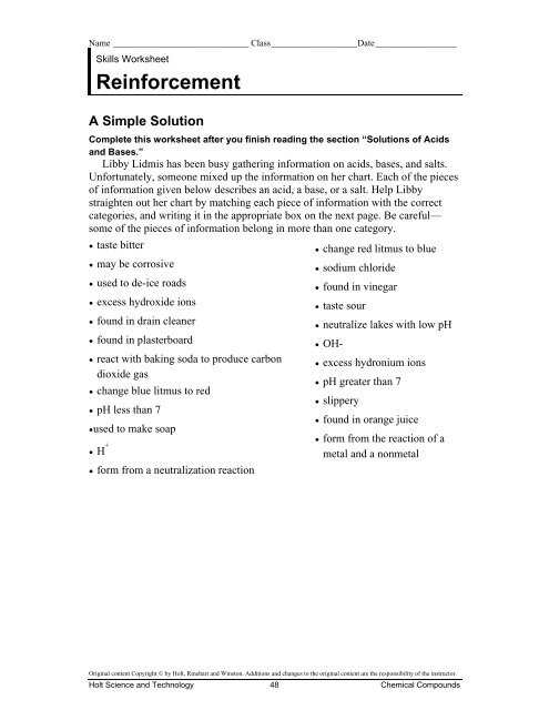 renforcement acids bases and salts worksheet section 3
