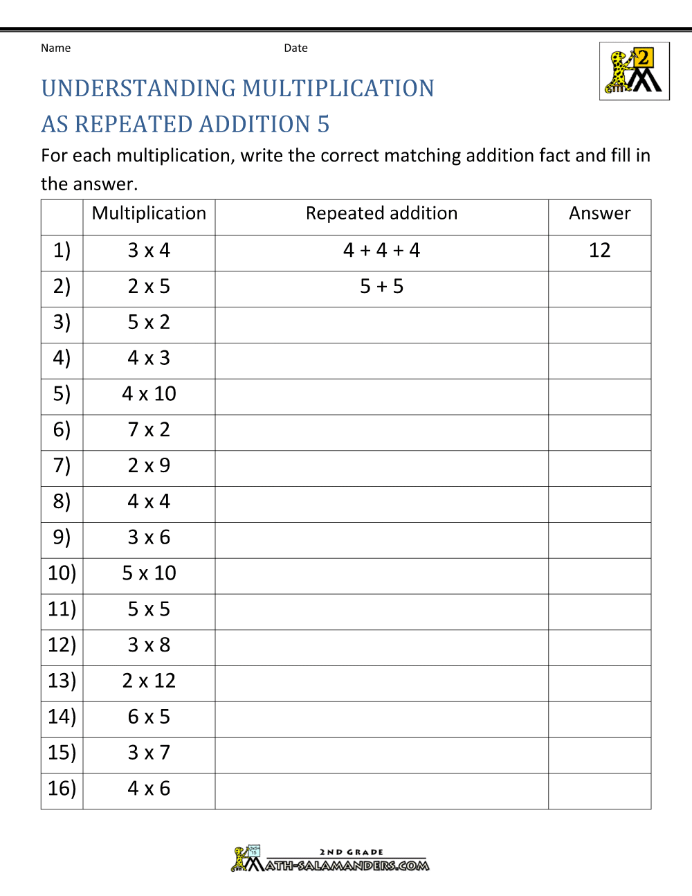 repeated addition worksheet 4th