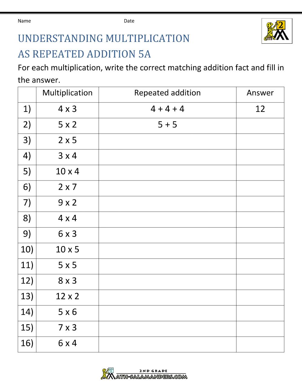 repeated addition worksheet for 2nd grade