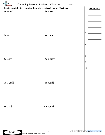 Converting Repeating Decimals to Fractions Worksheet | Free ...