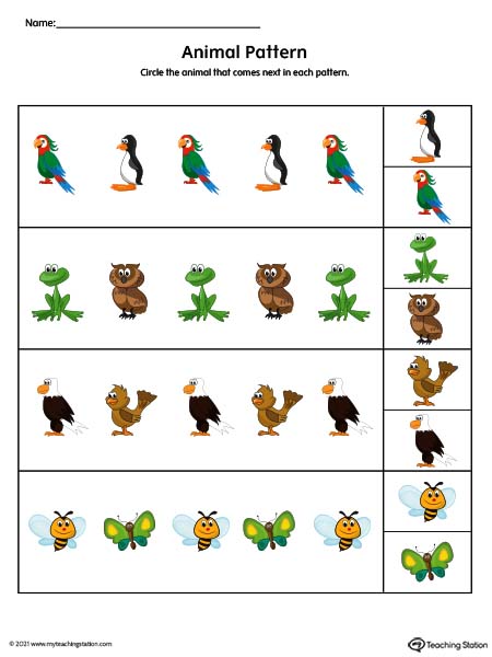 Repeating Pattern Worksheet: Animals (Color) | MyTeachingStation.com