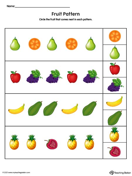 Repeating Pattern Worksheet: Fruits (Color) | MyTeachingStation.com