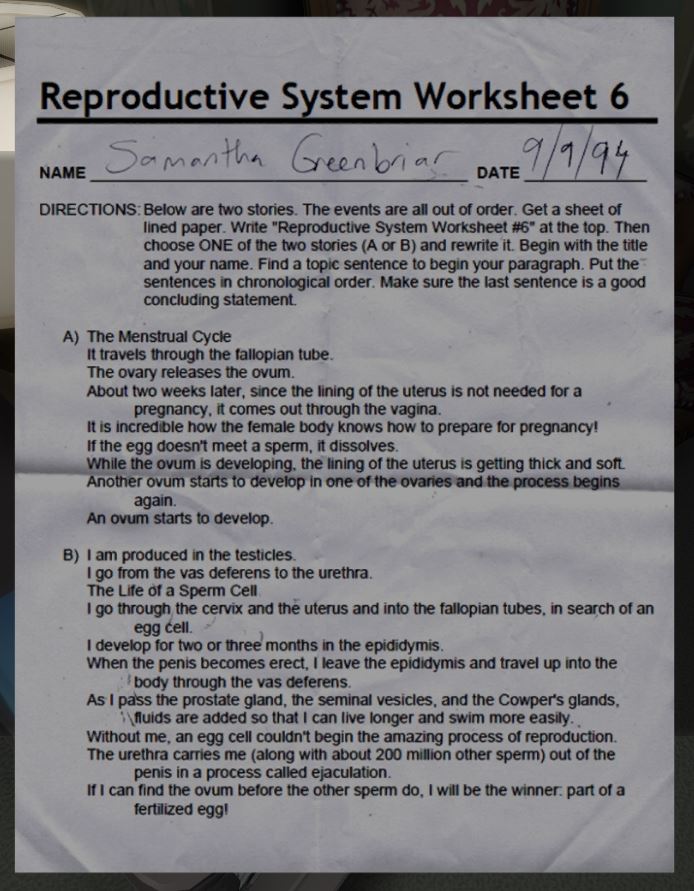 Reproductive System Worksheet 6 (Sam) | Gone Home Wiki | Fandom