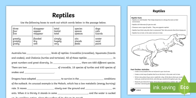 Australian Animals Years 3-6 Reptiles Differentiated Worksheet /