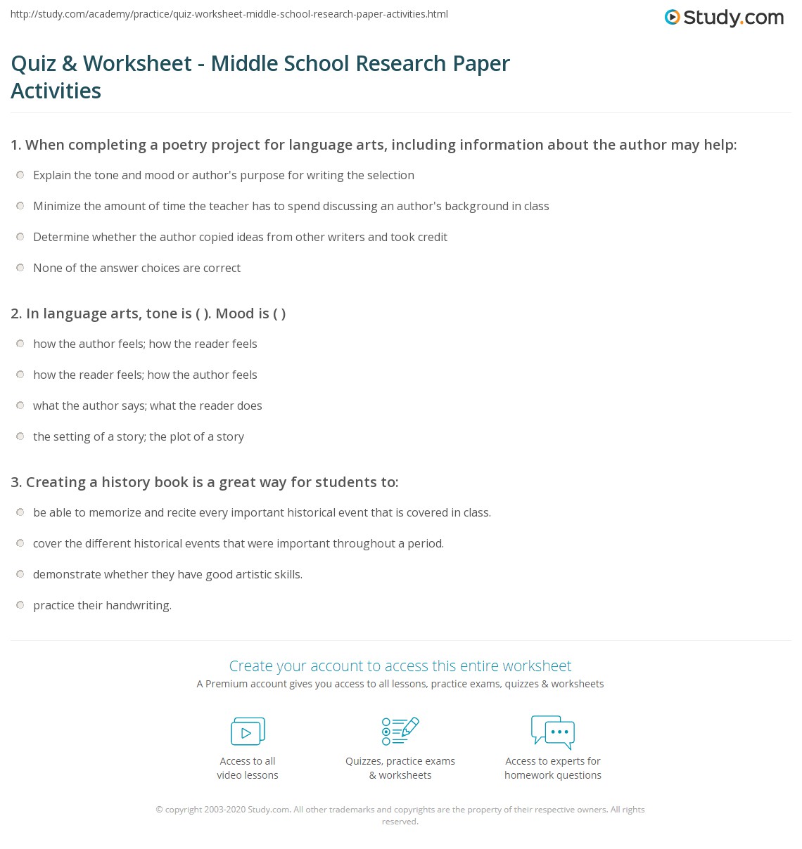 Quiz &  Worksheet - Middle School Research Paper Activities | Study.com