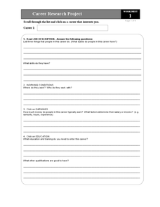 Career Research Project Worksheet for 6th - 12th Grade | Lesson Planet