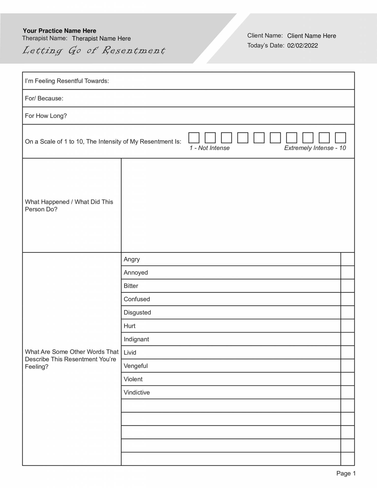 Letting Go of Resentment Worksheet (Editable Fillable Printable PDF) -