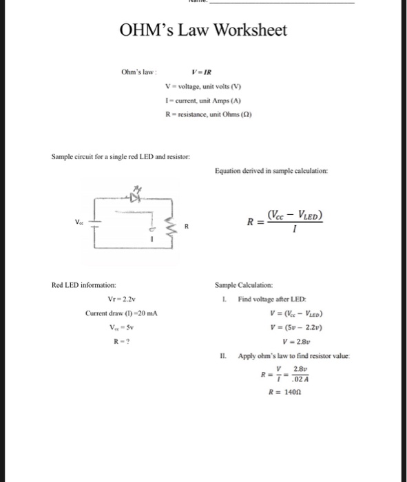 Solved OHMs Law Worksheet Ohms law V-IR V- voltage, unit | Chegg.com