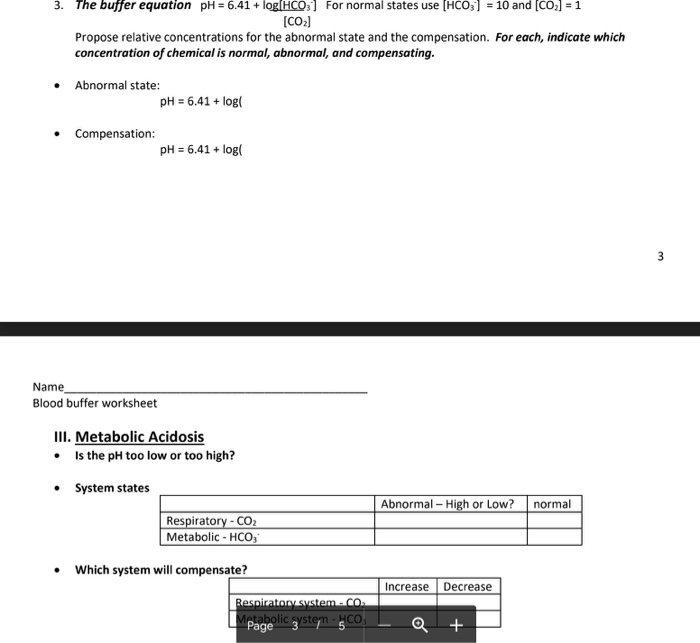 Solved Name Blood buffer worksheet II. Respiratory Alkalosis ...