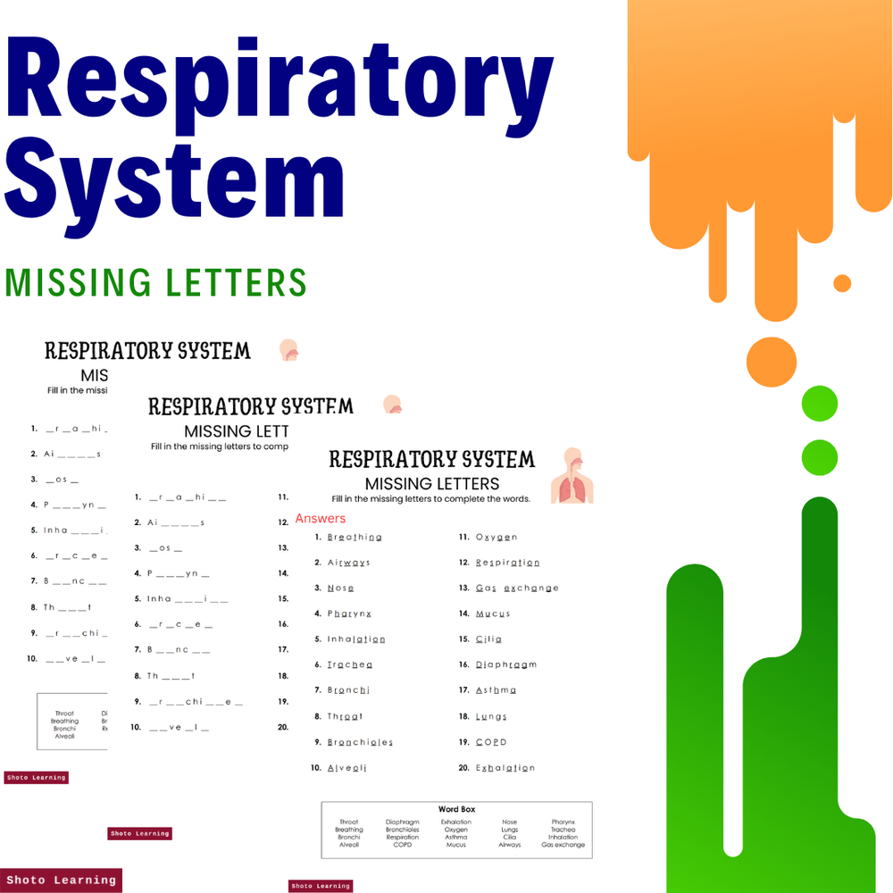 Missing Letter Worksheet: Learn the Respiratory System — Shoto Learning |  English | Math | Science Worksheets