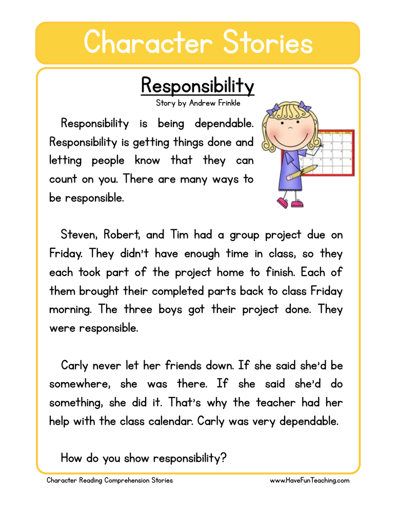 Responsibility Character Reading Comprehension Worksheet - Have ...