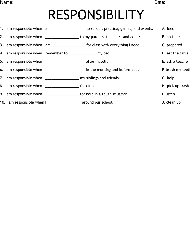 RESPONSIBILITY Worksheet - WordMint