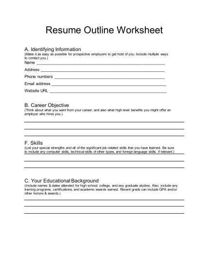 29 Resume Outline Worksheet page - Resume Building Worksheet 17 