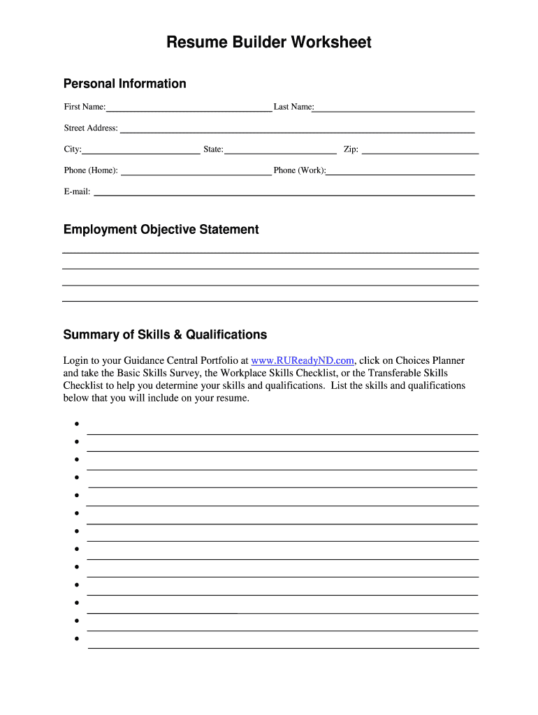 Resume Worksheet - Fill Online, Printable, Fillable, Blank | pdfFiller