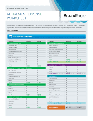 retirement expenses worksheet